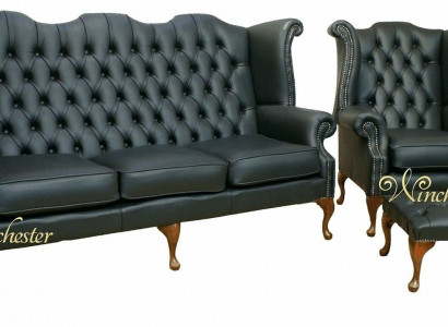 Zwart Chesterfield leren bankstel bekleding set 3+1 zits oorfauteuil